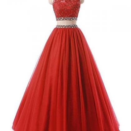 Red Two Pieces Rhinestone Tulle A-line Long..