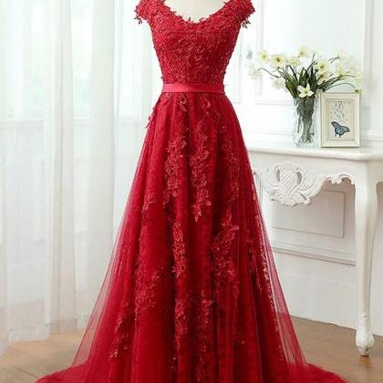 Charming Red Tulle Applique Lace Prom Dress,long..