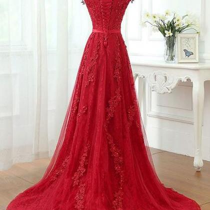 Charming Red Tulle Applique Lace Prom Dress,long..