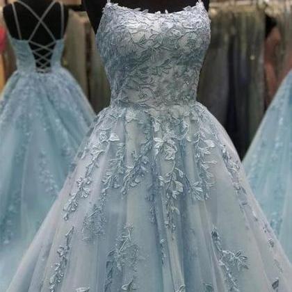 Blue tulle lace long prom dress, bl..
