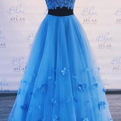 Two Piece Blue Prom Dress Off-the-shoulder A Line..