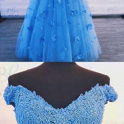Two Piece Blue Prom Dress Off-the-shoulder A Line..