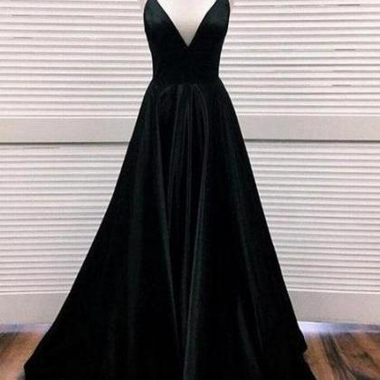 Black V Neck Satin Long Prom Dress, Black Evening..