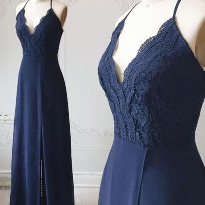 Spaghetti Straps Floor Length Navy Blue Lace Prom..