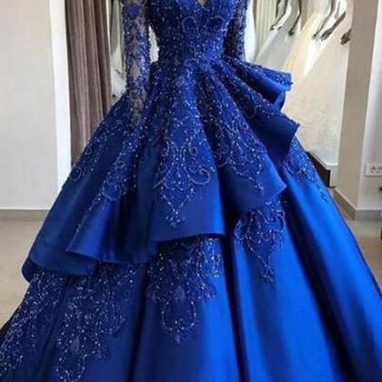 Unique Blue Lace Long Prom Dress, Blue Long..