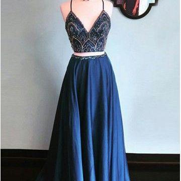 Blue Two Pieces Long Prom Dress, Blue Evening..