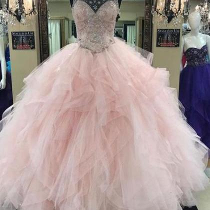 Pink Prom Dress Pink Beading Long Prom Dress Ball..