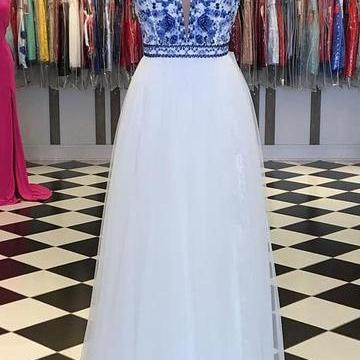 Elegant Halter White Long Prom Dress With Blue..