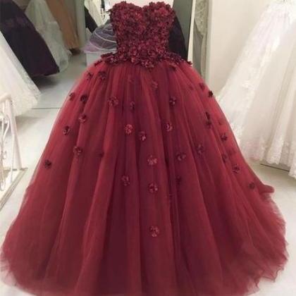 Strapless Burgundy Tulle Ball Gown ..