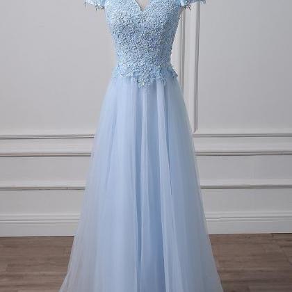 Blue Tulle Lace Off Shoulder Long Prom Dress, Blue..