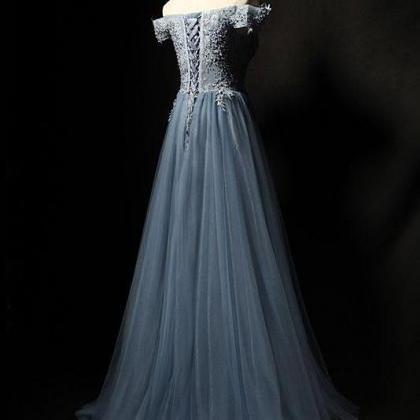 Blue Tulle Lace Long Prom Dress, Blue Tulle Formal..