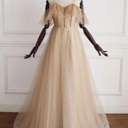 Champagne Tulle Off Shoulder Long Prom Dress,..