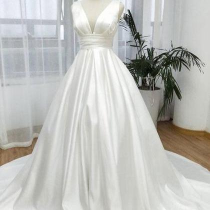 White V Neck Satin Long Prom Dress, White Evening..