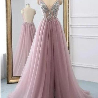 Pink V Neck Tulle Beads Long Prom Dress, Evening..