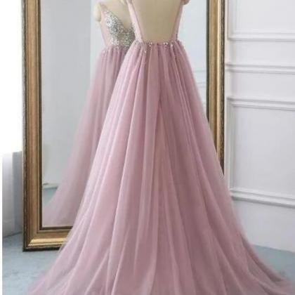Pink V Neck Tulle Beads Long Prom Dress, Evening..