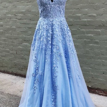 Blue v neck tulle lace long prom dress, blue tulle formal dress cc182 main image 1