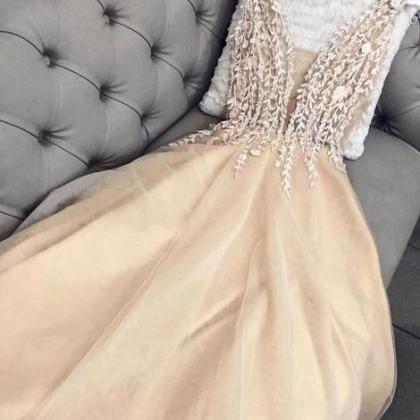 Champagne Tulle Lace Long Prom Dress, Champagne..