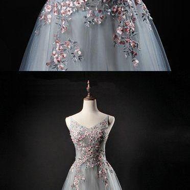 Gray Tulle Prom Dress, V Neck Prom Dresss , Long..