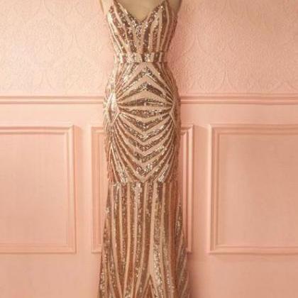 Mermaid Spaghetti Straps Gold Long Sexy Prom Dress..