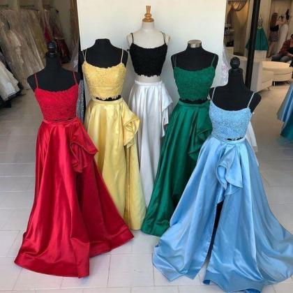 Two Piece Prom Dress, Red Long Prom Dress, Red..