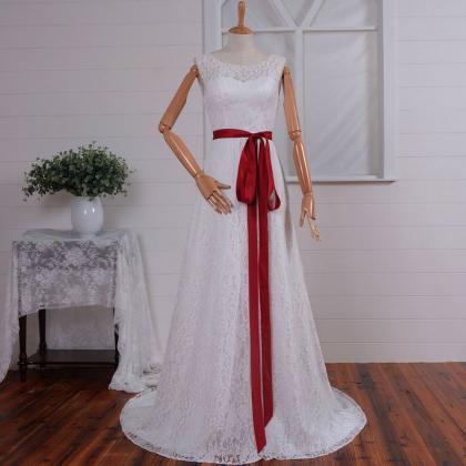 O-neck Lace Sweetheart A-line With Red Sash Open..