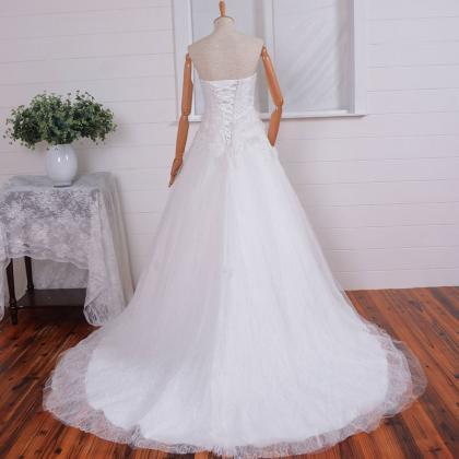 Simple Strapless Beaded Lace Tulle Ball Gown..