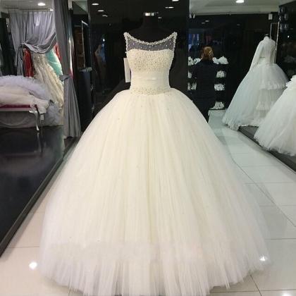 Strapless Scoop Neck Pearl Beaded Tulle Princess..