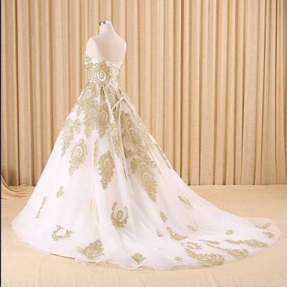 gold lace wedding dress A-line robe..