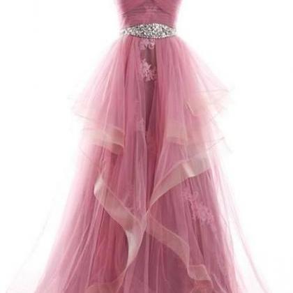 Pink Floor Length Ruffled Tulle Evening Dress..