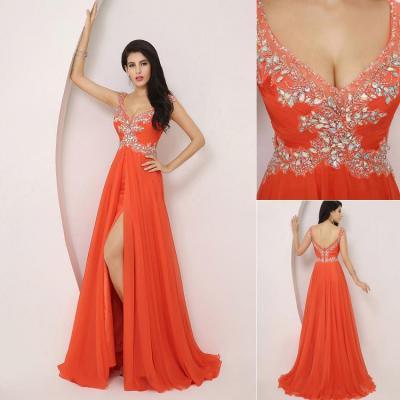 2015 New Design Chiffon Long Prom Dresses Orange Crystal Beaded Floor Length V-neck Halter Prom Dresses Evening Dresses
