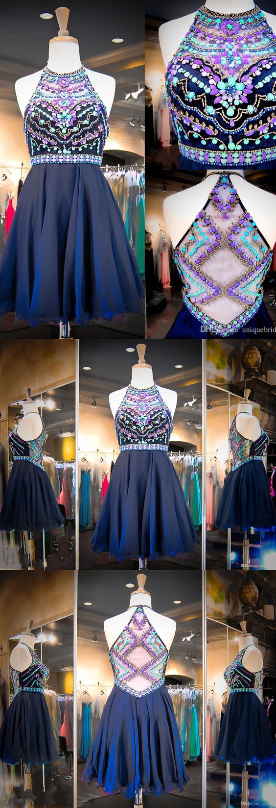 Charming Homecoming Dress,luxury Crystal Prom Dress,short Halter Prom Party Dress