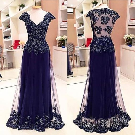 Cap Sleeve See Through Back Elegant Lace Sexy Long Prom Dresses