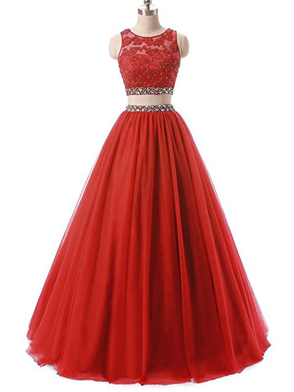 Red Two Pieces Rhinestone Tulle A-line Long Evening Prom Dresses