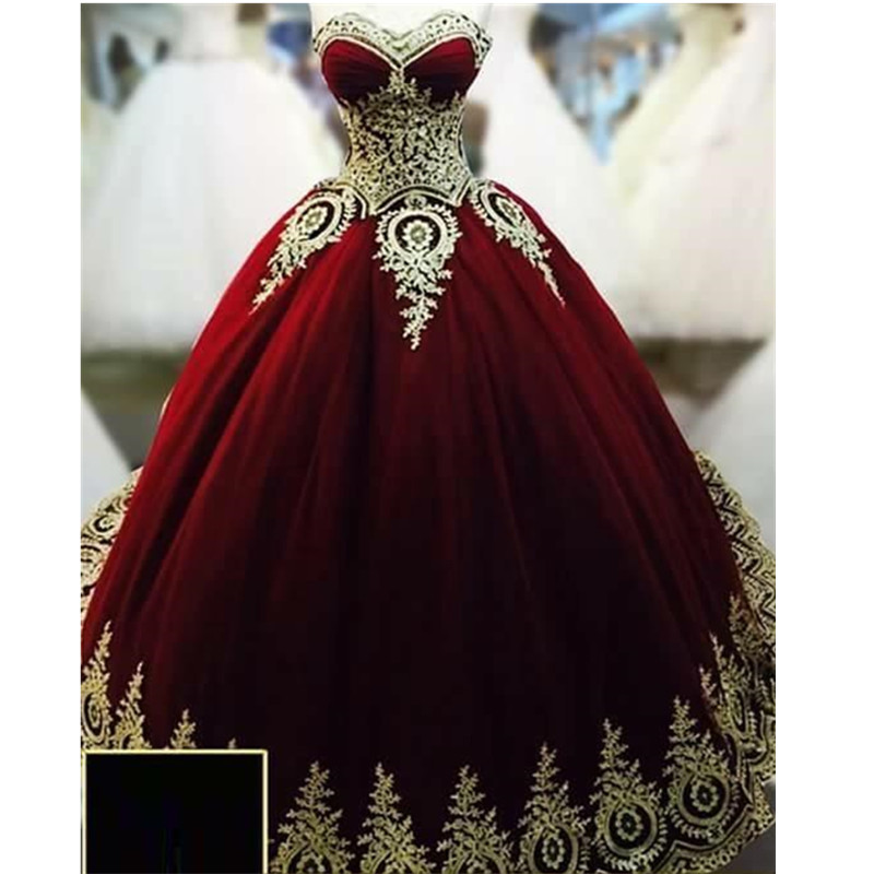Burgundy Quinceanenra Dresses Sweetheart Gold Applique Lace Floor Length Puffy Prom Formal Wedding Ball Gowns