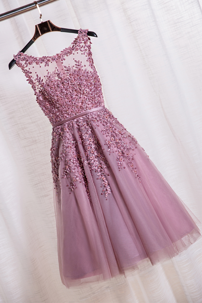 Elegant Scoop Tea Length School Homecoming Dresses Applique Pearls A Line Short Prom Formal Evening Gowns