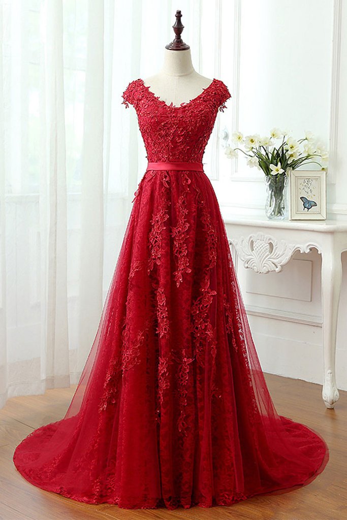 Charming Red Tulle Applique Lace Prom Dress,long Cap Sleeve Evening Dresses,red Lace Prom Dresses,a Line Long Lace Red Prom Dress,cap Sleeve A
