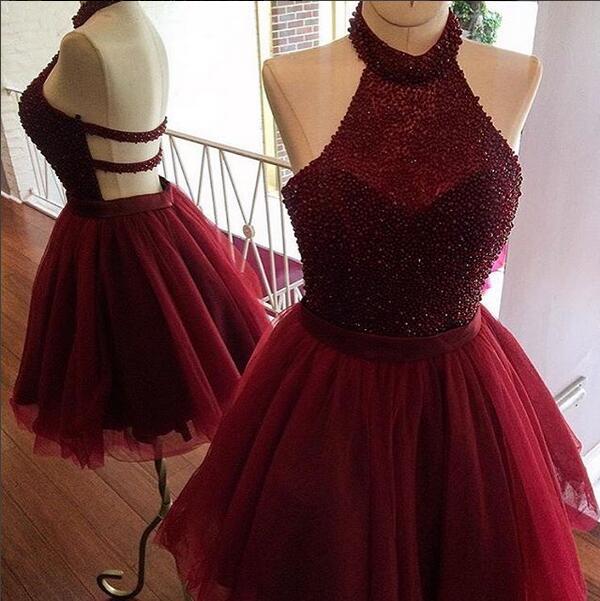 Burgundy Homecoming Dress,a Line Homecoming Dress,halter Party Dress,beading Short Prom Dress,women Homecoming Dress