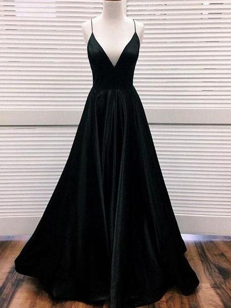 Black V Neck Satin Long Prom Dress, Black Evening Dress