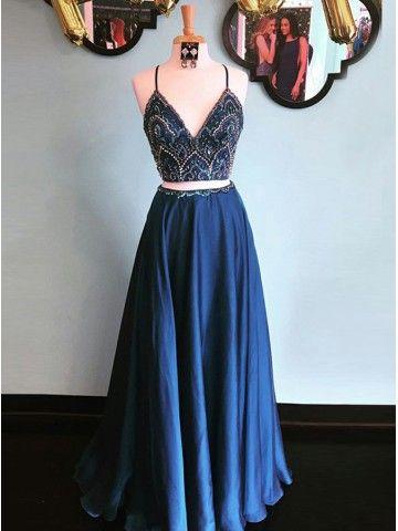 Blue Two Pieces Long Prom Dress, Blue Evening Dress, Formal Dress