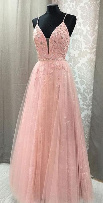 Pink Prom Dress,Tulle Prom Gown,Appliques Prom Dress,lace Prom Gown