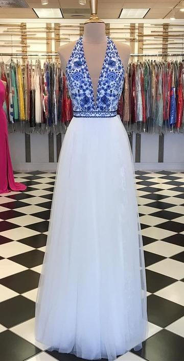 Elegant Halter White Long Prom Dress With Blue Embroidery Top