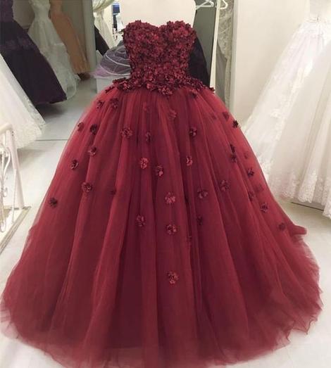 Strapless Burgundy Tulle Ball Gown Prom Dress, Formal Evening Dress, Women Dress