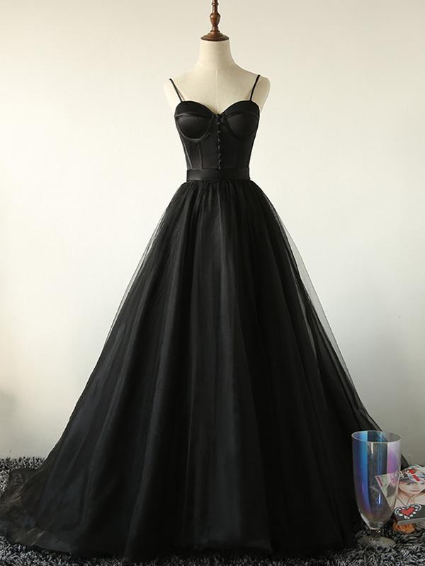 Ball Gown Spaghetti Straps Black Tulle Prom Dress Long Brush/sweep Train Prom/evening Dress