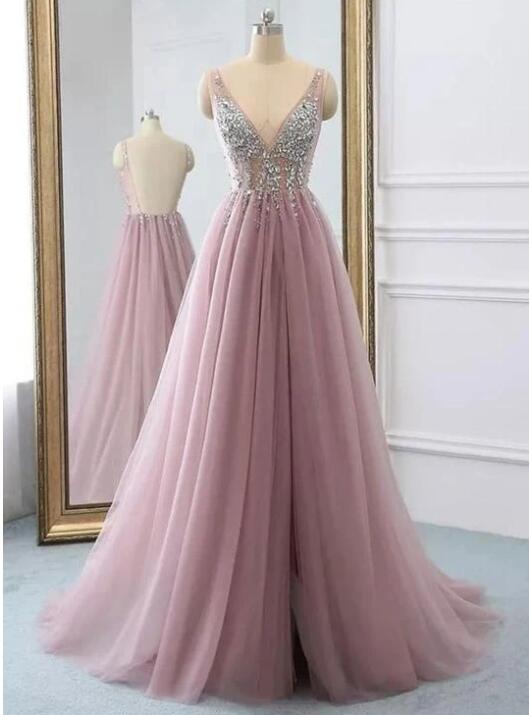 Pink V Neck Tulle Beads Long Prom Dress, Evening Dress
