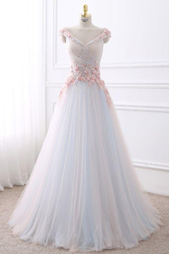 White tulle V neck long flower sweet 16 prom dress