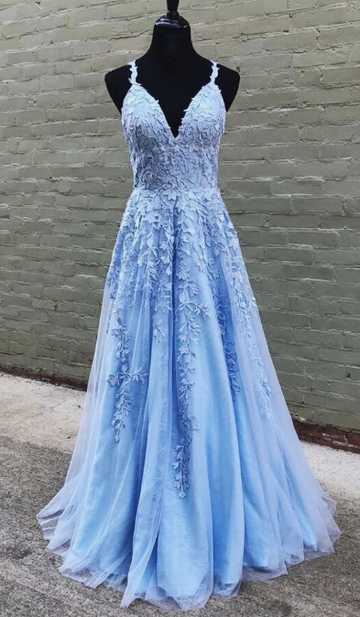 Blue V Neck Tulle Lace Long Prom Dress Blue Lace Formal Dress