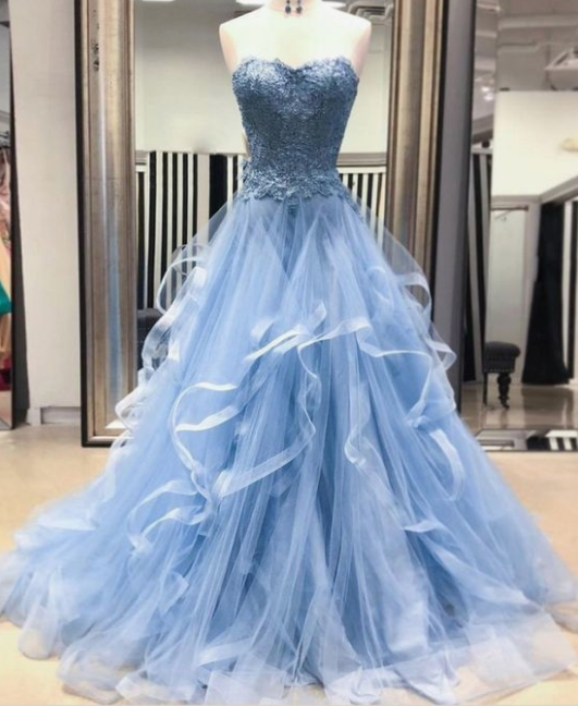 Chic Prom Dresses Sweetheart Sky Blue Ruffles Aline Lace Prom Dress