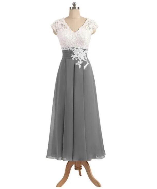 Ankle Length V Neck Cap Sleeves Silver Gray Mother Of The Bride Dresses, Prom Dress With Appliques