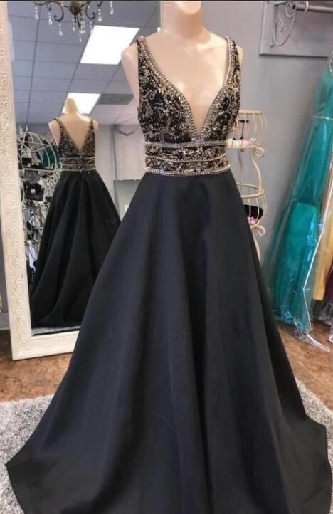 Black V Neck Beaded Long Prom Dress, Black Evening Dress