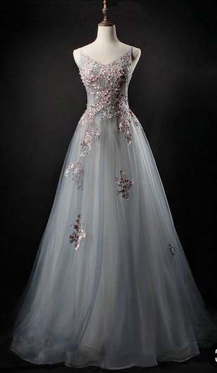 Gray Tulle Prom Dress, V Neck Prom Dresss , Long Evening Dress For Teens, Senior Prom Dress
